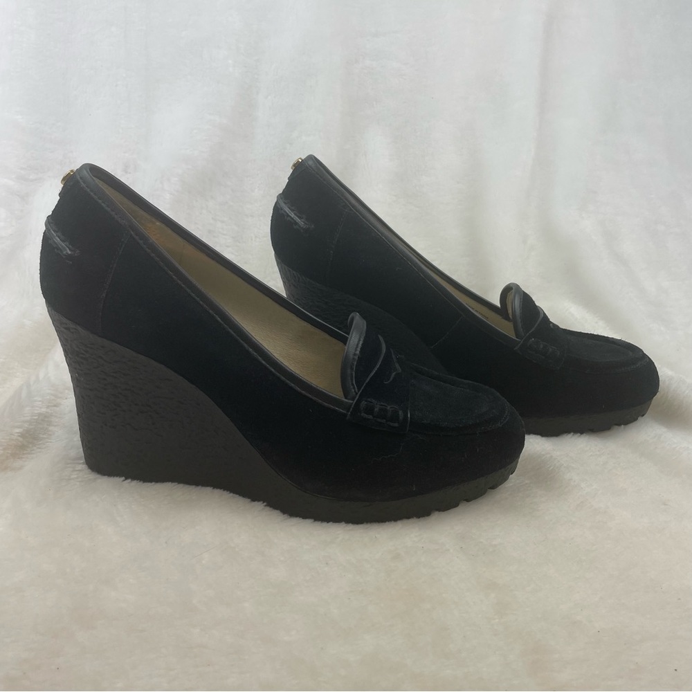 Michael Kors black suede wedge heel loafers Women’s Size 9.5